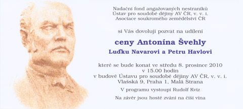 Cena Antonína Švehly Luďku Navarovi a Petru Havlovi 8. prosince 2010